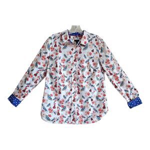 TALBOTS Women 10 Blouse Button Up Butterflies Birds Contrast Polka Dot Cuffs 38"